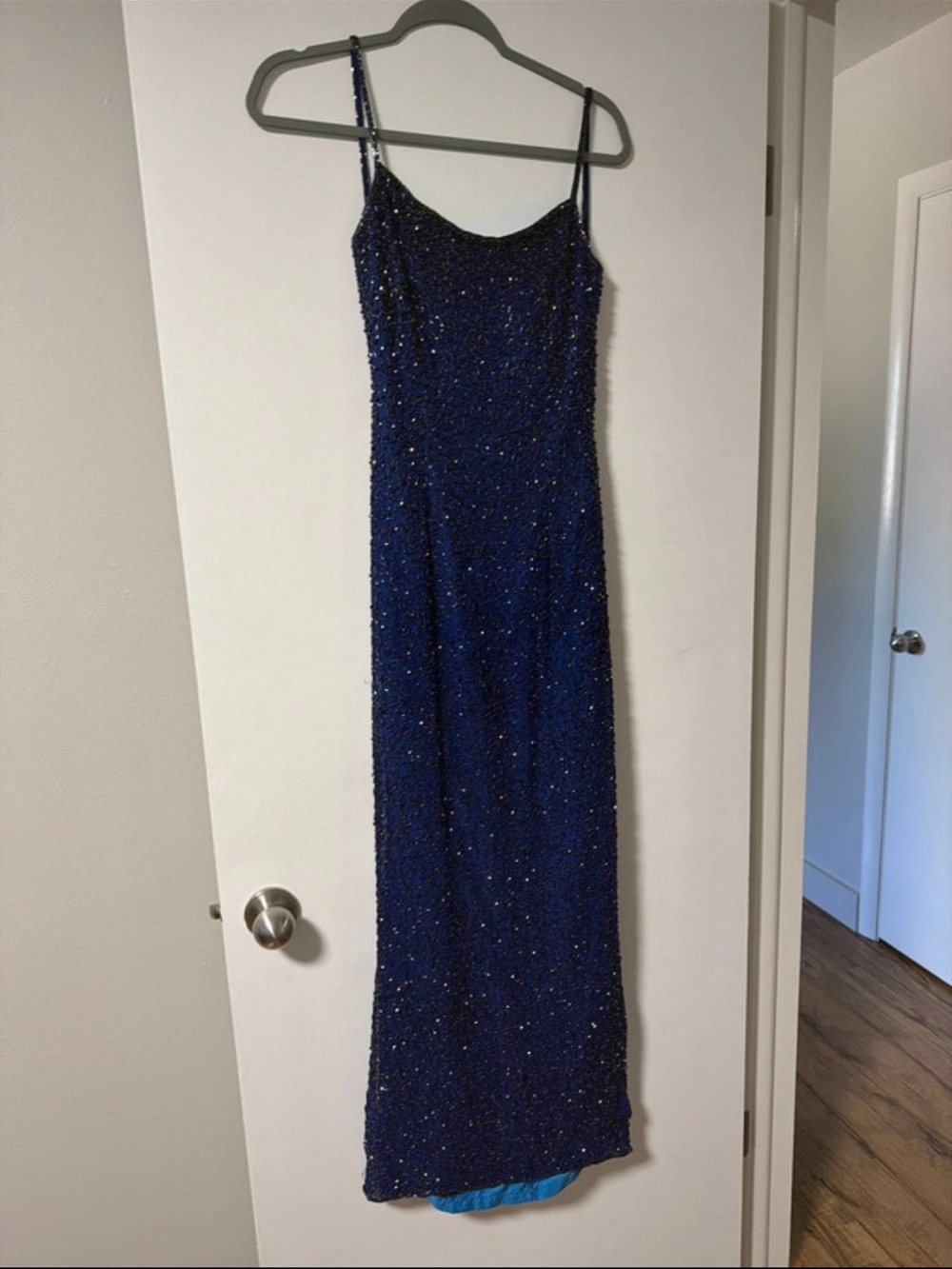Beaded Navy Maxi Slip Dress with Spaghetti Straps